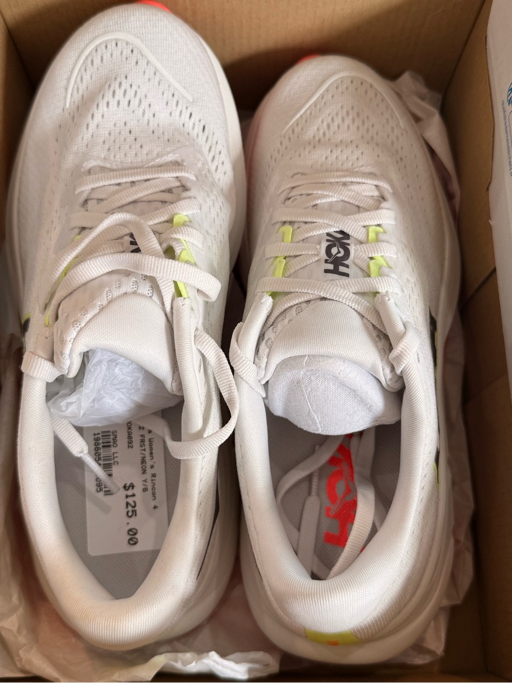Hoka White Running Shoes with Neon Yellow and Coral Trim - Picture 7 of 8